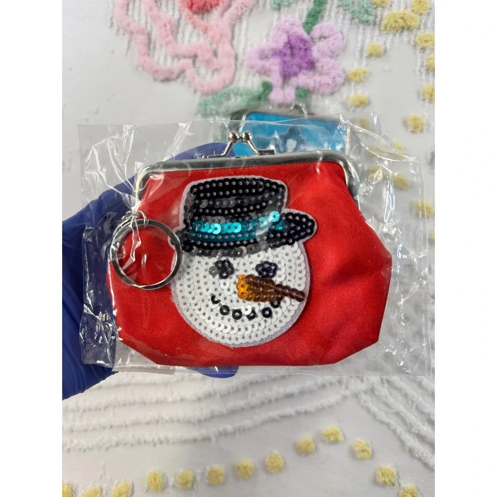 DMM Christmas Coin Purse Keychain Set Snowman Snowflake Sequin Kiss Lock 2 Pack